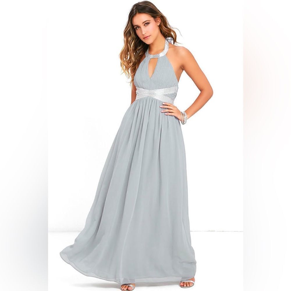 Lulu’s Days Gown By Grey Beaded Maxi Dress Size S NWT